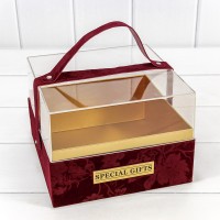 Коробка Квадратная 20*20*14 бархатная с ручкой и прозрачной крышкой Бордовый 1/16 Арт: 720101/1