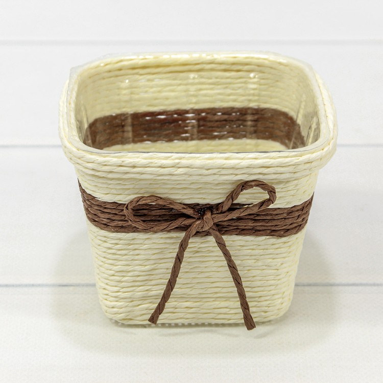 Кашпо плетёное Квадратное 11*11*8 (±5%) из бумаги с бантиком Бежевый 1/100 Арт: 420141/9