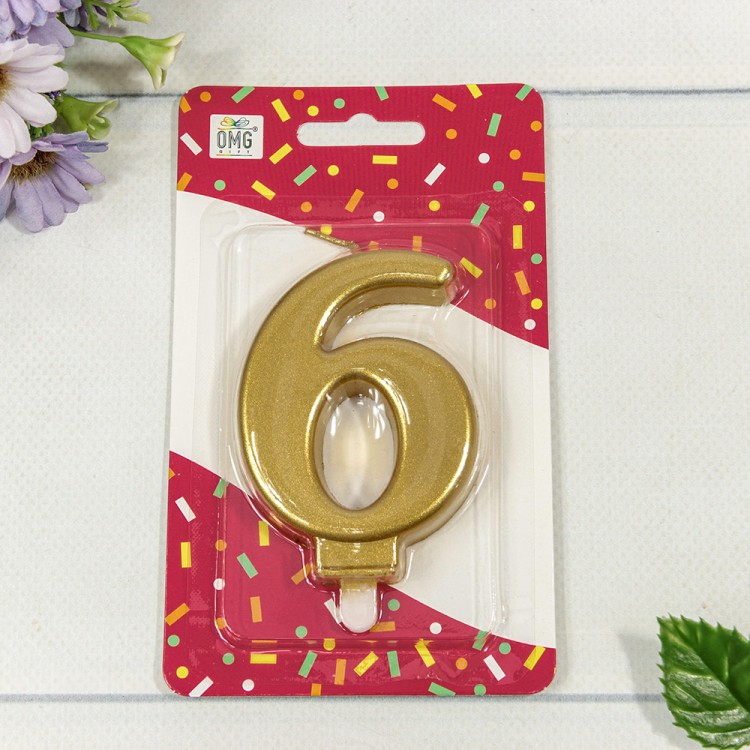 Свеча для торта Цифра 6 "Гигант" 8см Золотой 1/12 1/288 Арт: 20010-70/6